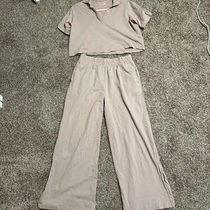 100% Cotton Jade Women's Taupe Wide Leg Two-Piece Set